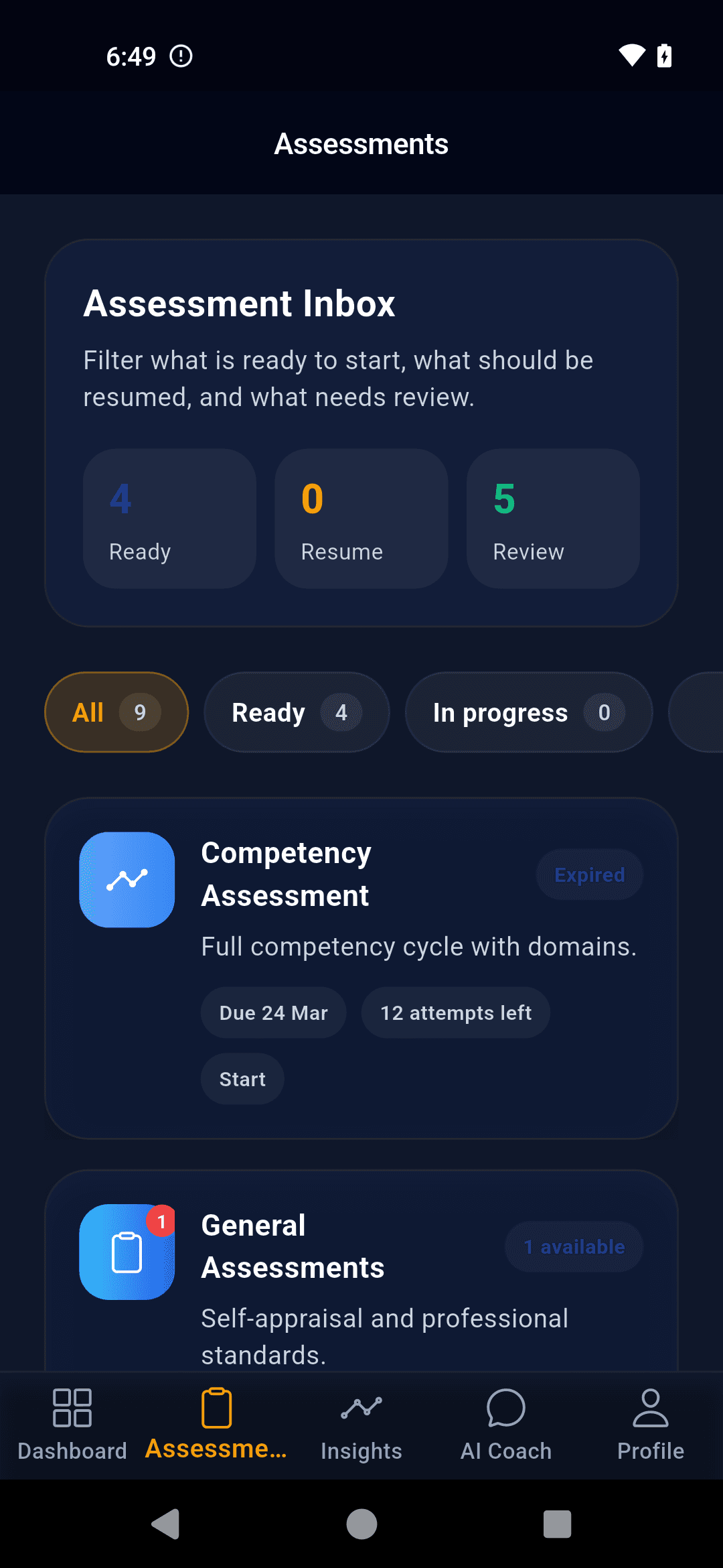 Saarthi mobile assessments inbox showing competency and general assessment access.
