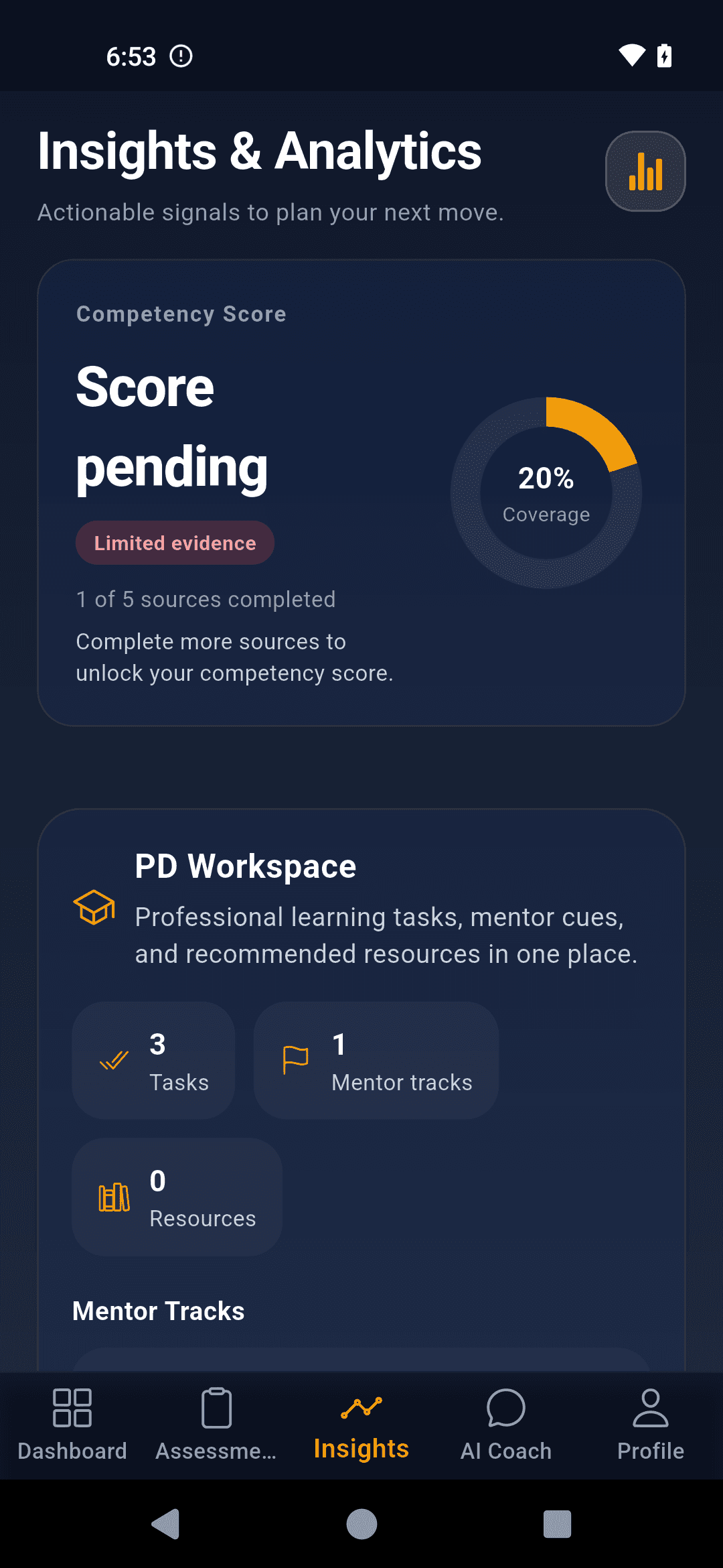 Saarthi mobile insights screen showing competency score coverage and PD workspace.