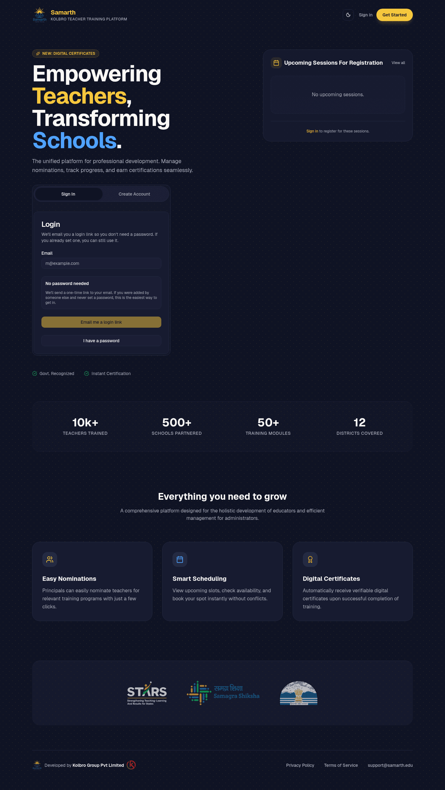 Samarth training platform homepage with teacher development and training workflow interface.