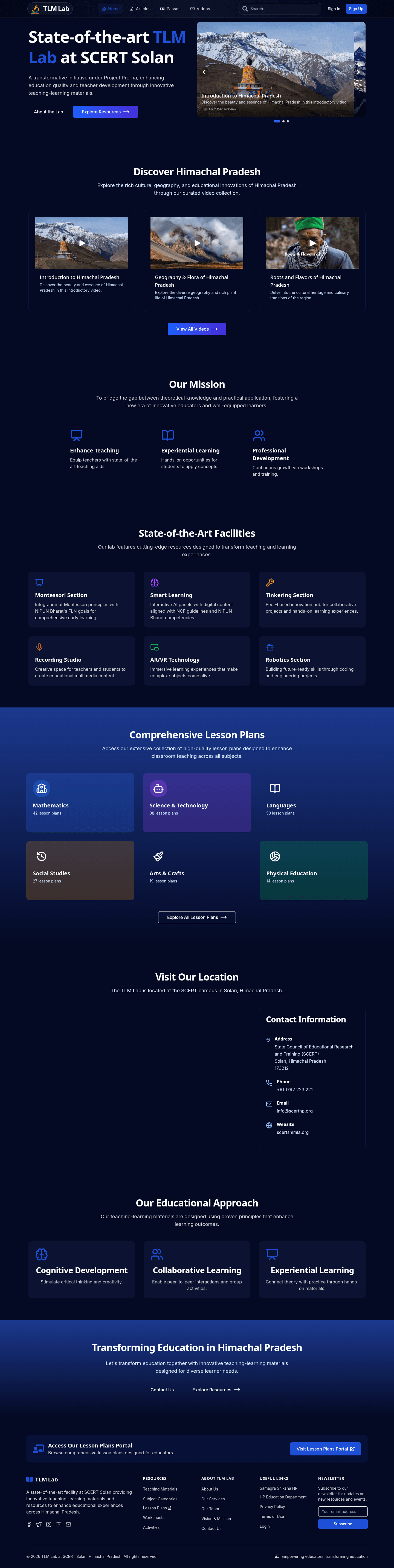 TLM Lab Portal homepage with digital resource hub and innovation-led teaching content.