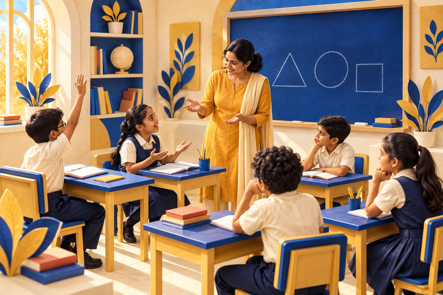 A classroom discussion, with two learners speaking and other learners listening.