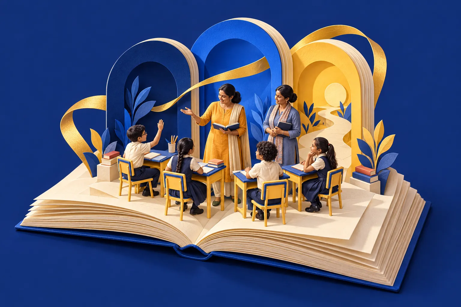 A miniature classroom unfolding from an open book. A teacher guides learners at their desks, a mentor stands beside her, and three arches rise behind them in blue, cobalt and saffron.